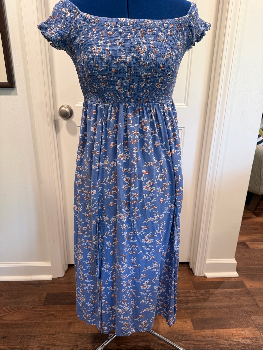 Blue Floral Off-Shoulder Maxi Dress